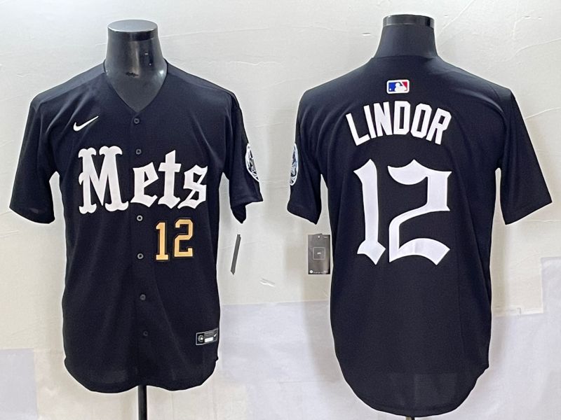 Men 2025 New York Mets 12 Lindor Black Five generations Joint Name Nike MLB Jersey style 2